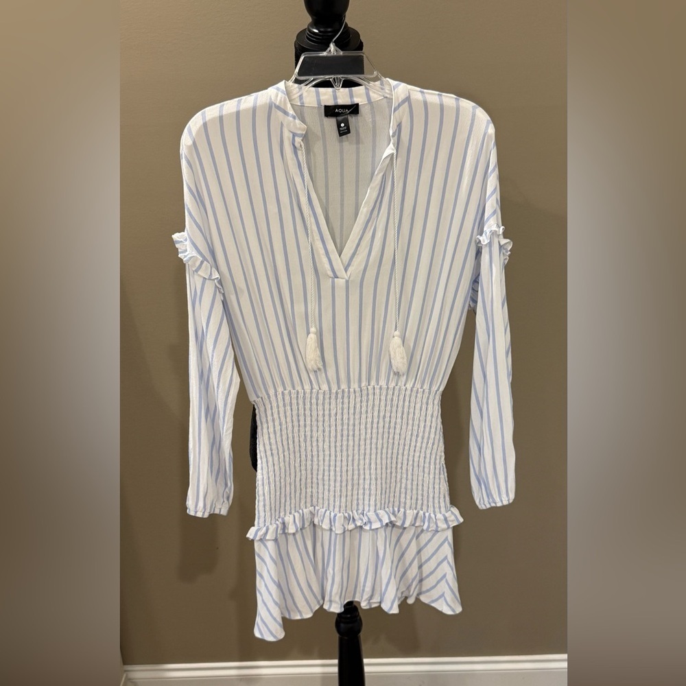 Women’s AQUA blue & white striped smocked mini dress- Size small - Picture 2 of 5